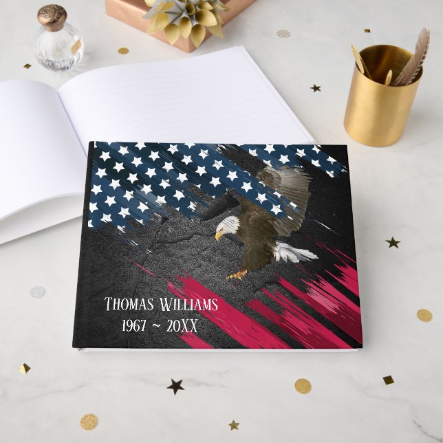 Bald Eagle on Flag for Military Funeral Guest Book (Front Open)