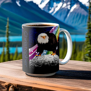 Bald Eagle on Moon Fun Rainbow Space Fans Name Coffee Mug