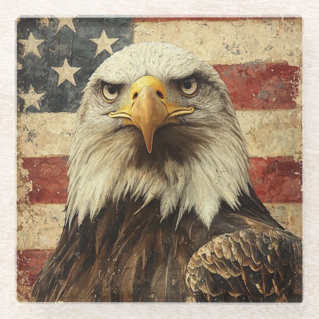 Bald Eagle Over American Flag Glass Coaster (Front)