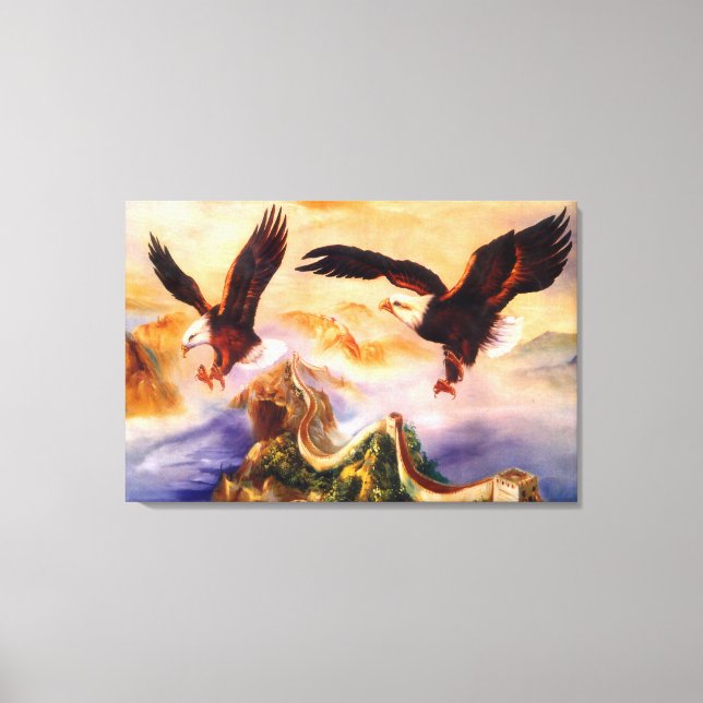 Bald Eagle over Great Wall of China Painting Canvas Print (Front)
