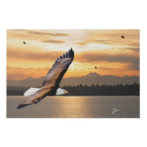 Bald Eagle Over Olympic Mountain Sunset Fine Art Faux Canvas Print