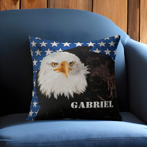 Bald Eagle Patriotic American Flag Stars Blue Name Throw Pillow