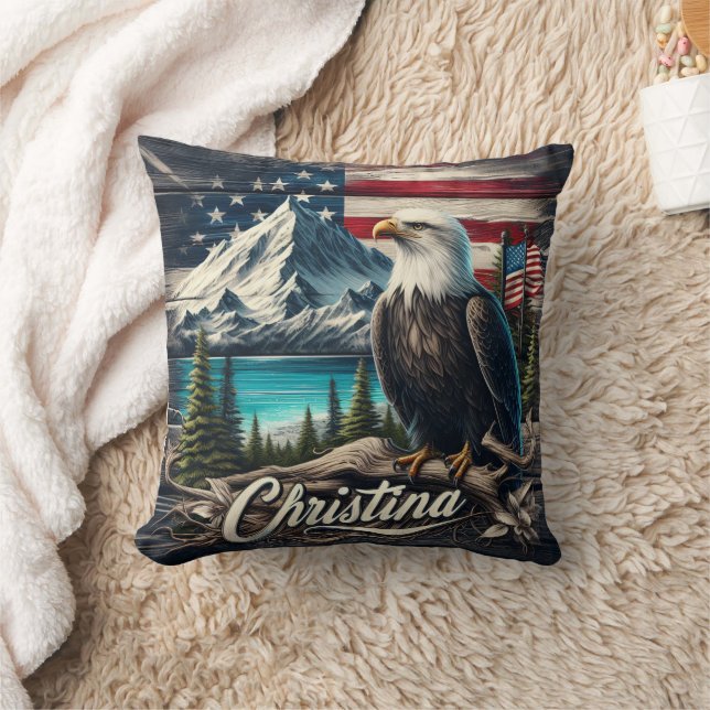 Bald Eagle Perched Amidst Mountain Landscape Throw Pillow (Blanket)