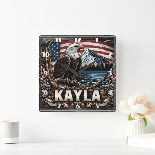 Bald Eagle Perched Near Mountains and Lake Square Wall Clock