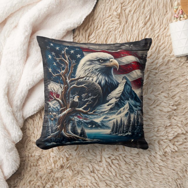 Bald Eagle Perched on Branch by Mountains and Flag Throw Pillow (Blanket)