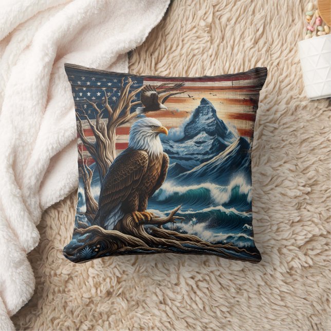 Bald Eagle Perched on Branch Near Mountains Throw Pillow (Blanket)