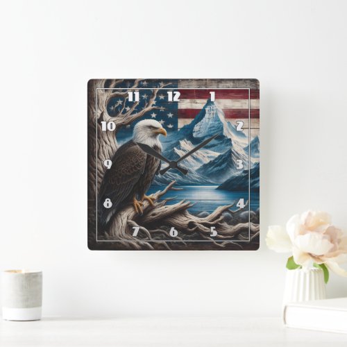 Bald Eagle Perched With American Flag Backdrop Square Wall Clock