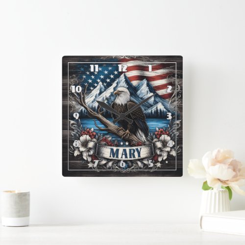 Bald Eagle Perched With American Flag Background Square Wall Clock