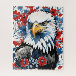 Bald Eagle Red White and Blue Floral USA Jigsaw Puzzle