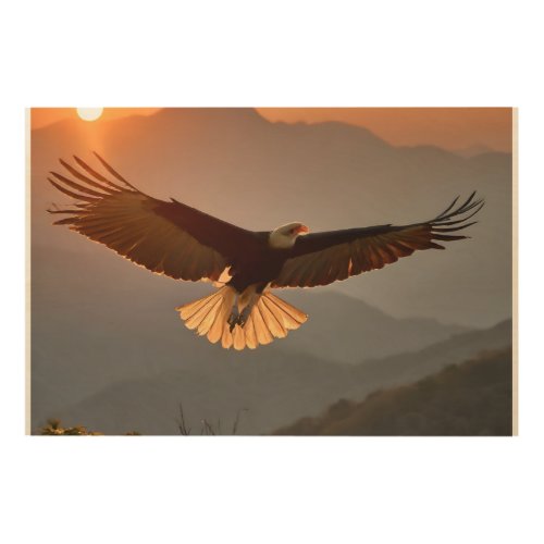 Bald Eagle Soaring at Sunset Wood Wall Art
