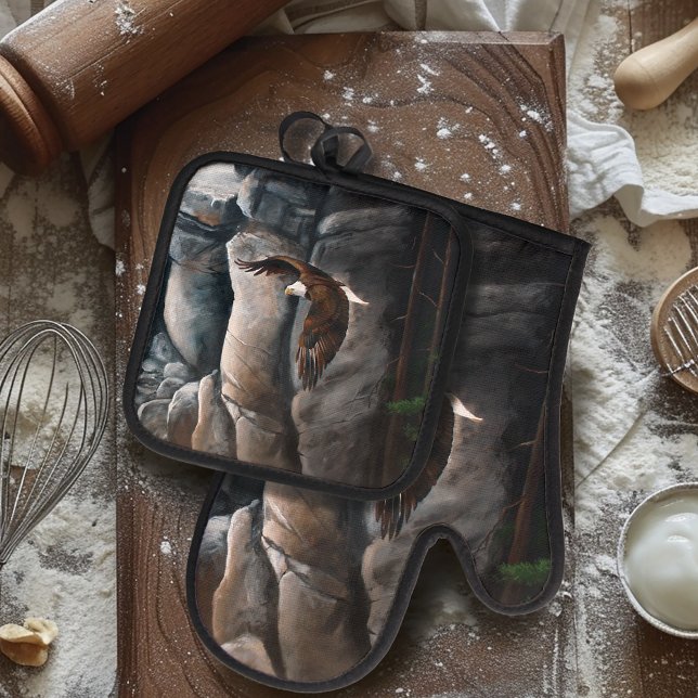 Bald Eagle Soaring Mountain Cliff Wildlife Oven Mitt & Pot Holder Set (Creator Uploaded)