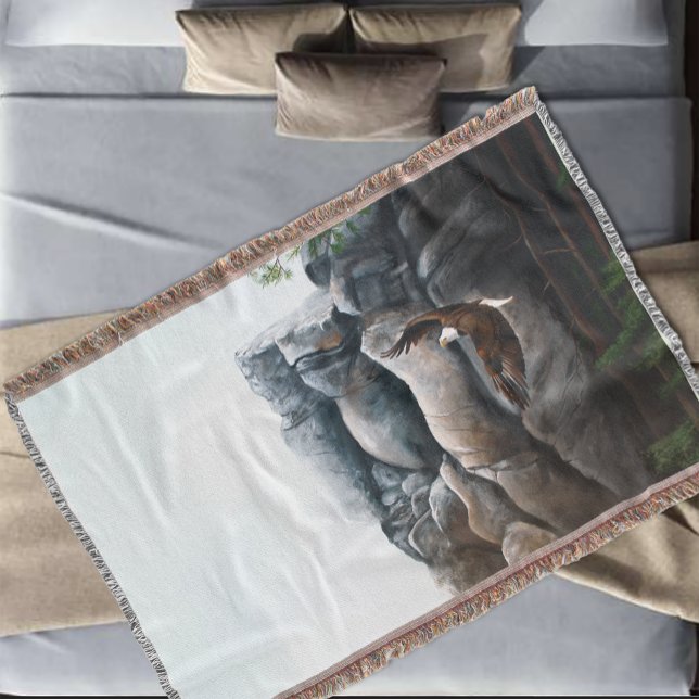 Bald Eagle Soaring Mountain Cliff Wildlife Throw Blanket (Creator Uploaded)