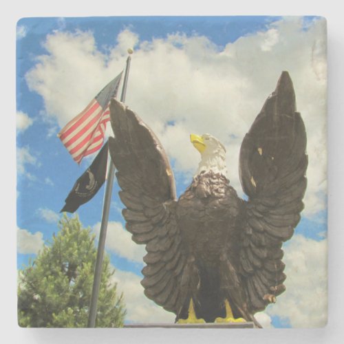 Bald Eagle Statue with American Flag and MIA Flag Stone Coaster