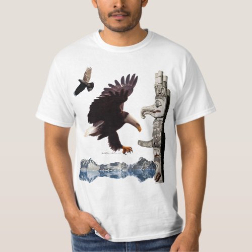 Bald Eagle Totem Pole Raven  Mountain scene T_Shirt