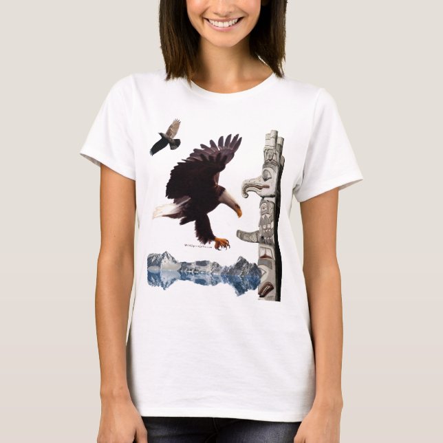 Bald Eagle, Totem Pole, Raven & Mountain scene T-Shirt (Front)