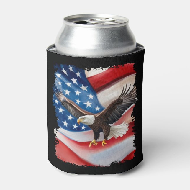 Bald Eagle & US Flag 4th Of July Can Cooler (Can Front)