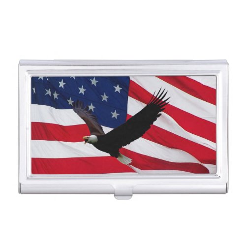 Bald Eagle US Flag on Windy Day Business Card Case