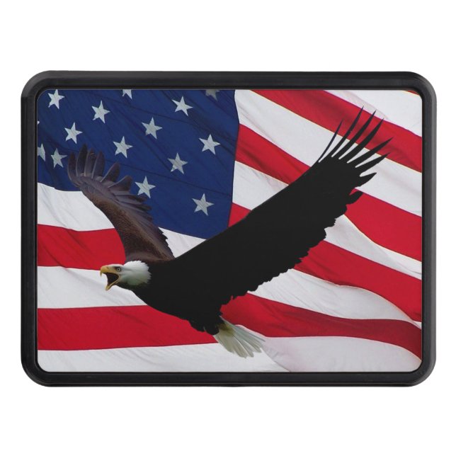 Bald Eagle US Flag on Windy Day Hitch Cover (Front)