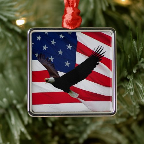 Bald Eagle US Flag on Windy Day Metal Ornament