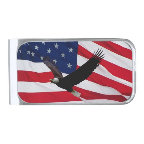 Bald Eagle US Flag on Windy Day Silver Finish Money Clip