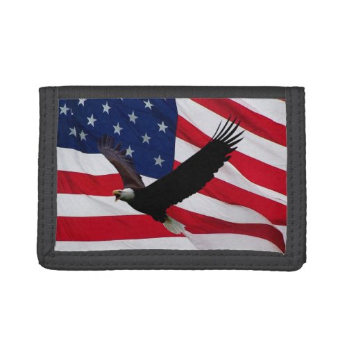 Bald Eagle US Flag on Windy Day Trifold Wallet