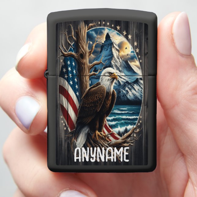 Bald Eagle Watching Over America Zippo Lighter (In Hand)