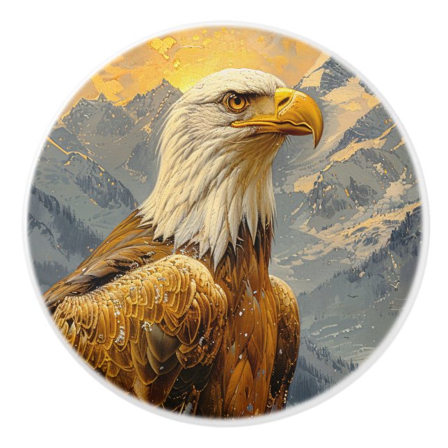 Bald Eagle Watercolor Mountains Ceramic Knob (Front)