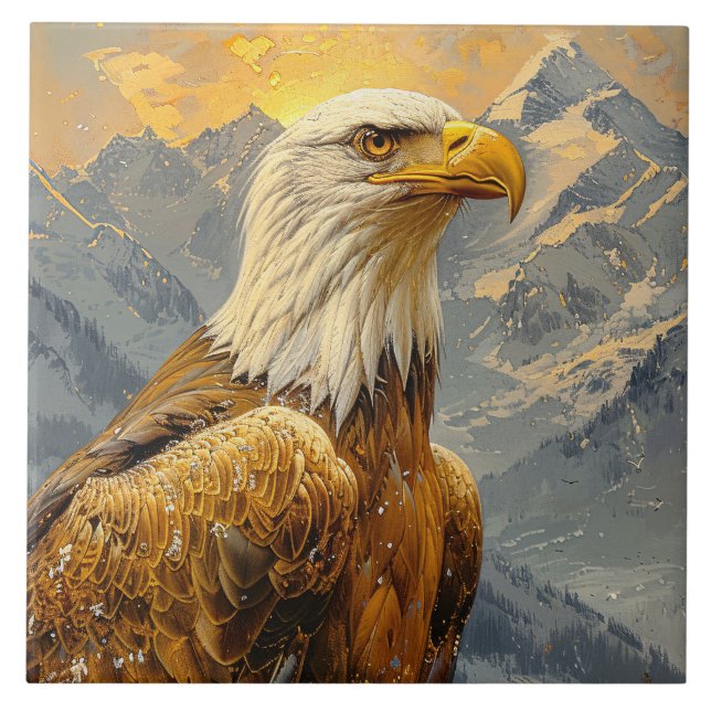 Bald Eagle Watercolor Mountains Ceramic Tile (Front)