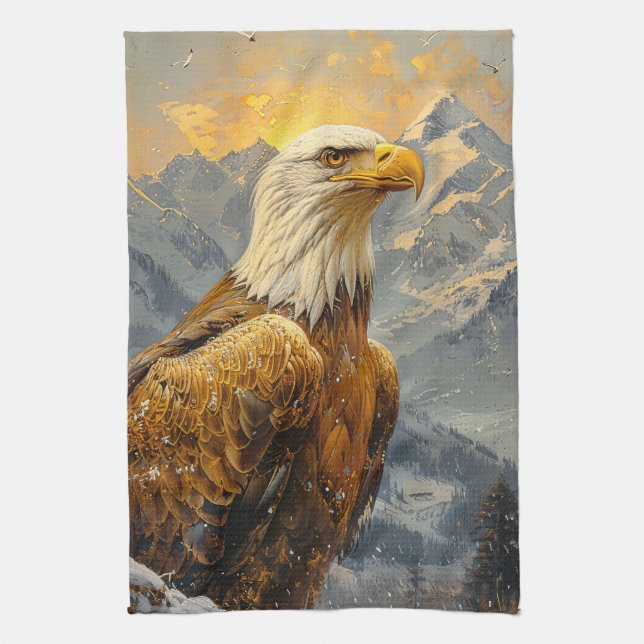 Bald Eagle Watercolor Mountains Kitchen Towel (Vertical)