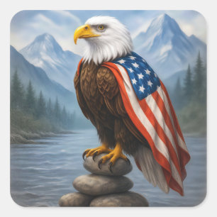 Bald Eagle Wearing an American Flag Cape Square Sticker