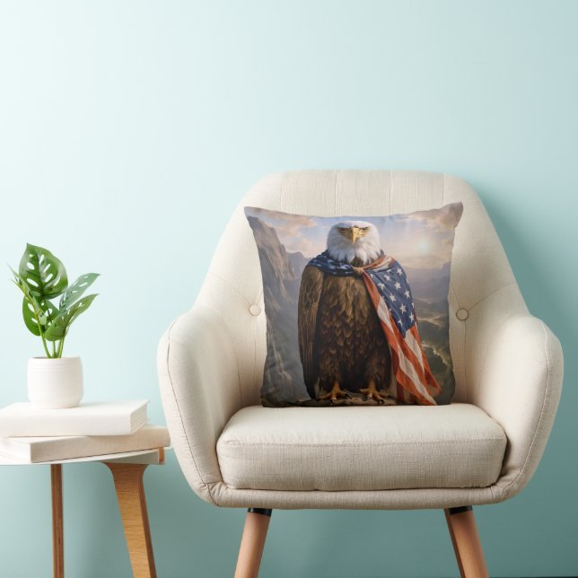 Bald Eagle Wearing an American Flag Cape Throw Pillow (Chair)