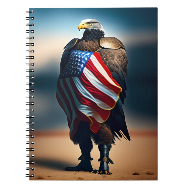 Bald Eagle Wearing Armor Holding An American Flag Notebook (Front)