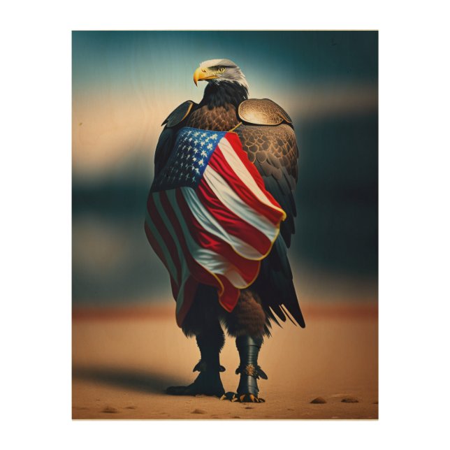 Bald Eagle Wearing Armor Holding An American Flag Wood Wall Art (Front)