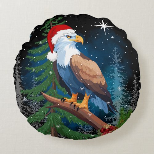 Bald Eagle Wearing Santa Hat Christmas Round Pillow