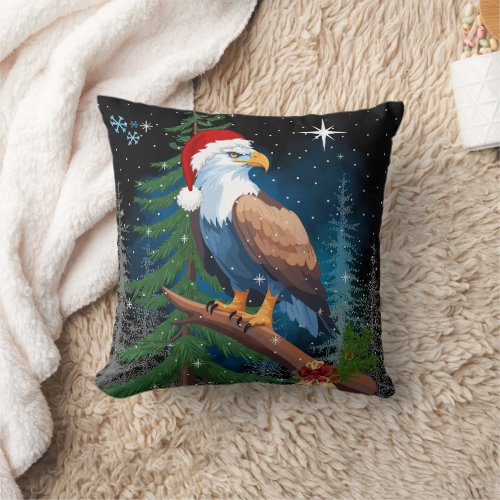 Bald Eagle wearing Santa Hat Christmas Throw Pillow