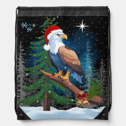 Bald Eagle Wearing Santa Hat  Drawstring Bag