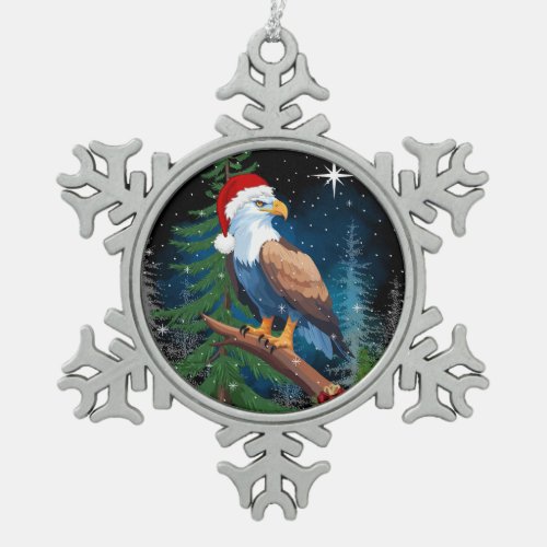 Bald Eagle Wearing Santa Hat  Snowflake Pewter Christmas Ornament