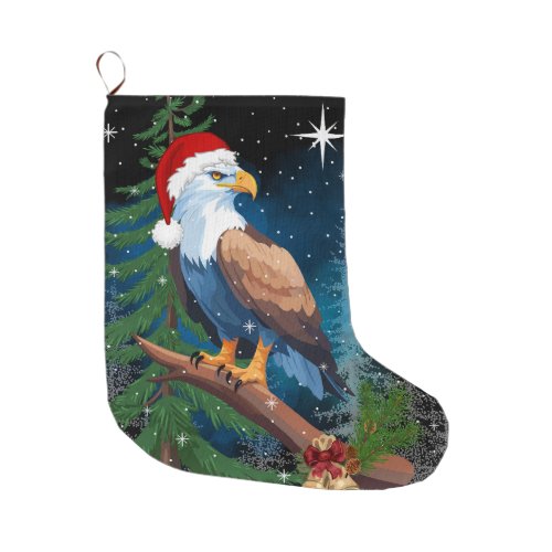 Bald Eagle Wearing Santa Hat Snowflakes  Large Christmas Stocking