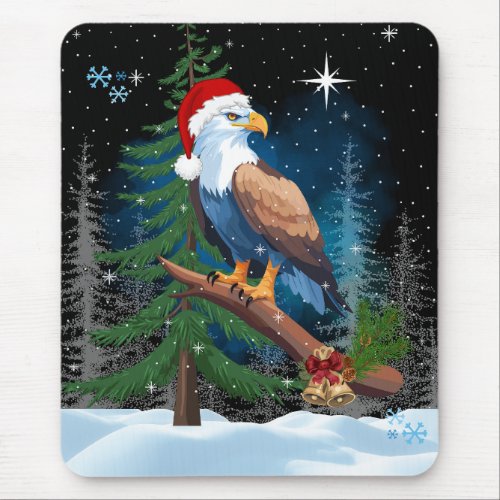 Bald Eagle Wearing Santa Hat Winter Scene Holiday Mouse Pad