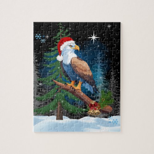 Bald Eagle wearing Santa Hat Winter Scene Jigsaw Puzzle