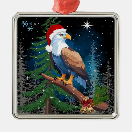 Bald Eagle Wearing Santa Hat Winter Scene Silver Metal Ornament