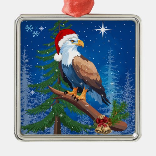 Bald Eagle wearing Santa Hat Winter Scene Silver Metal Ornament