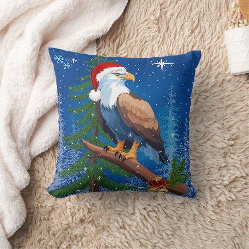 Bald Eagle wearing Santa Hat Winter Scene Throw Pillow