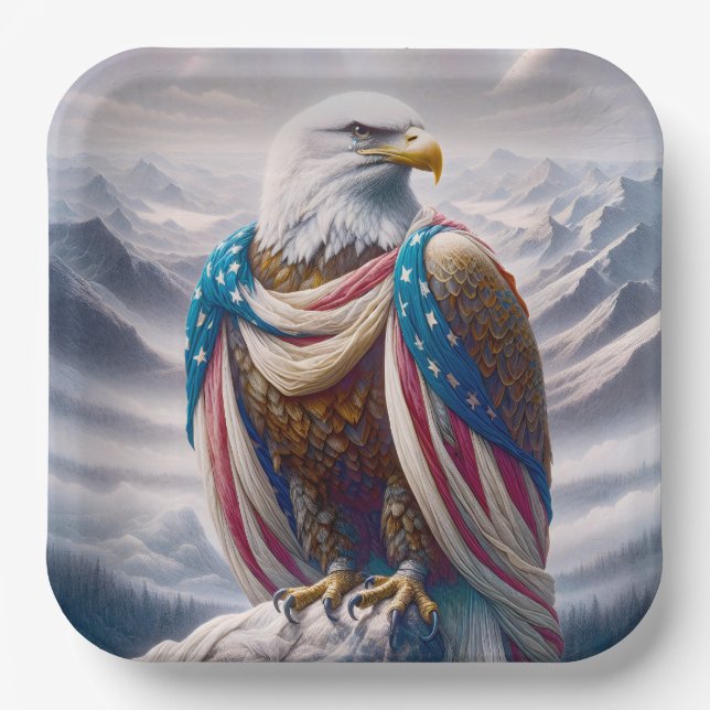 Bald Eagle with a Tear and American Flag Paper Plates (Front)