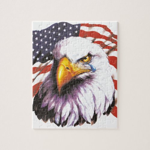 Bald Eagle With A Tear _ USA Flag In Background Jigsaw Puzzle
