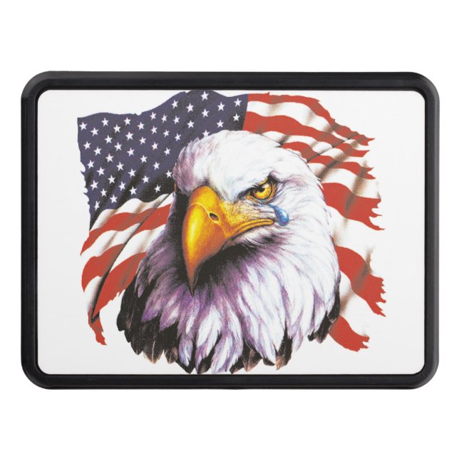 Bald Eagle With A Tear - USA Flag In Background Tow Hitch Cover (Front)