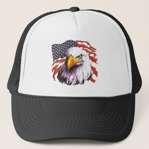 Bald Eagle With A Tear _ USA Flag In Background Trucker Hat