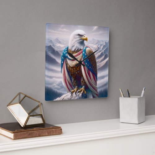 Bald Eagle with a Tear Wearing American Flag Square Wall Clock