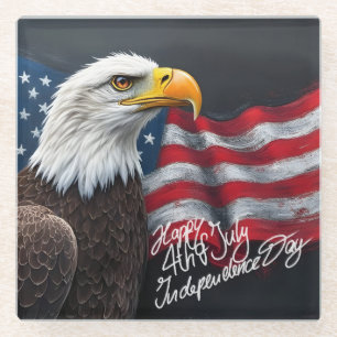 Bald Eagle with American Flag 4th of July Art Glass Coaster