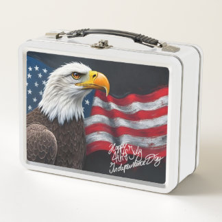 Bald Eagle with American Flag 4th of July Art Metal Lunch Box